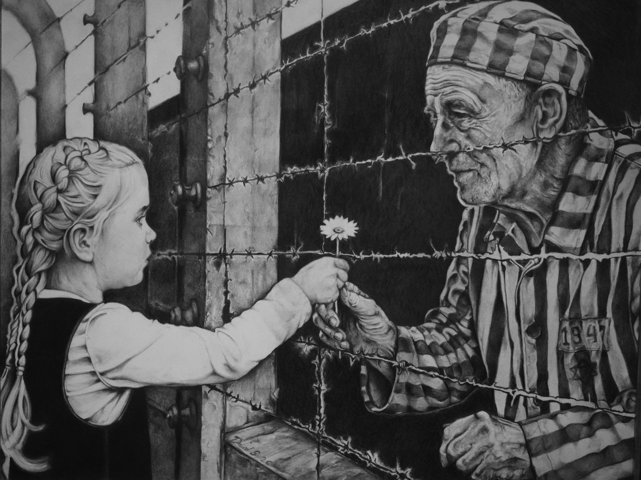 Shake Off The Demon by David Schure, a graphite drawing depicting a moment of compassion between a Jewish prisoner and a young girl