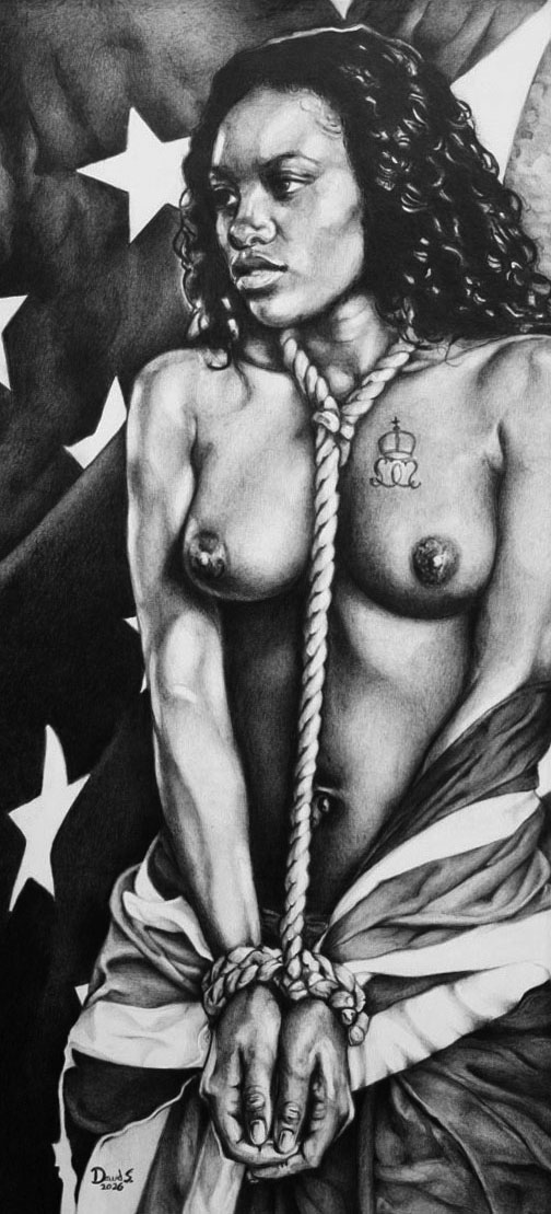 Rope Burns, graphite drawing by David Schure, depicting a bound woman with American and British flags
