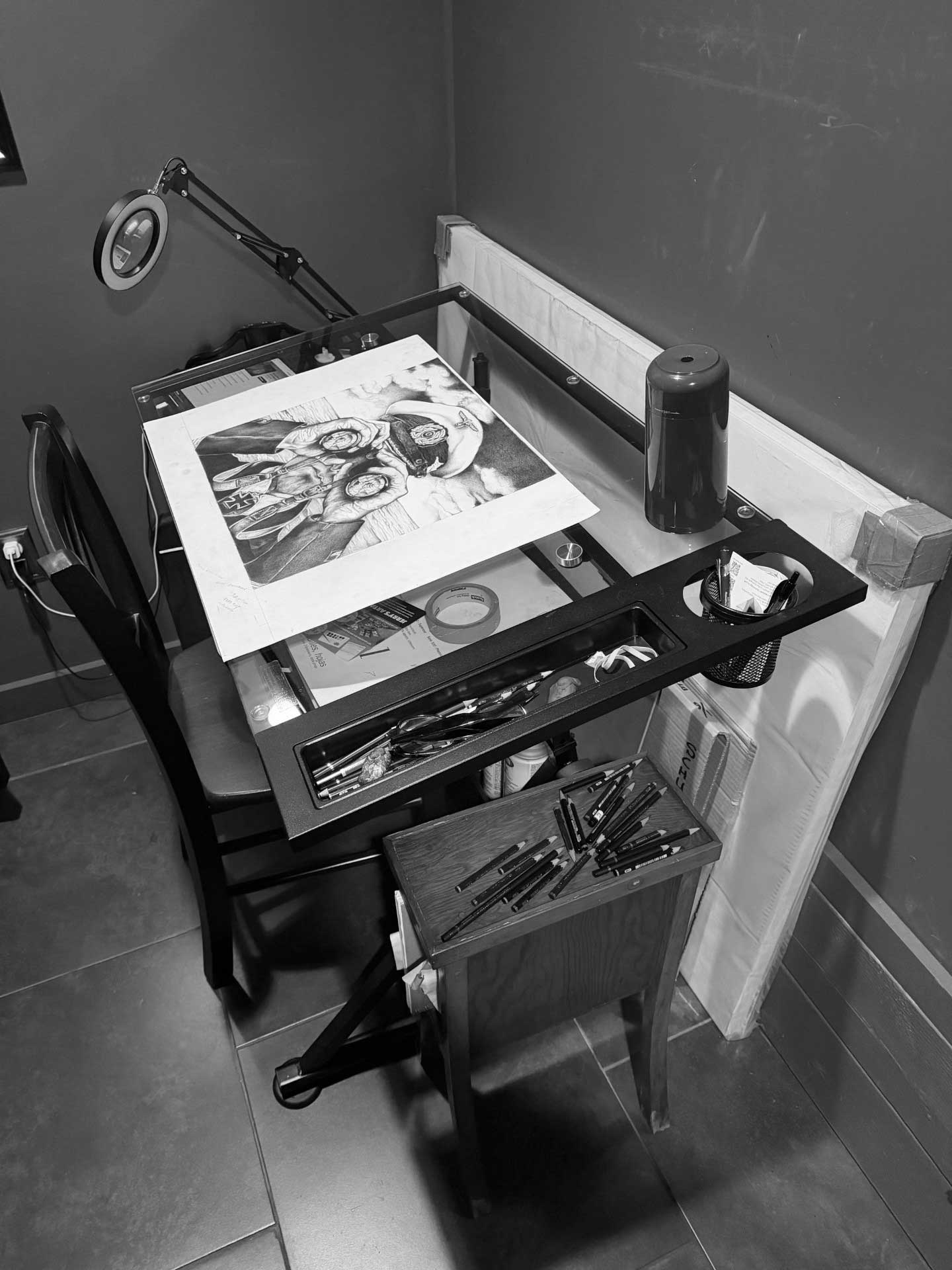 David Schure's art desk and working space