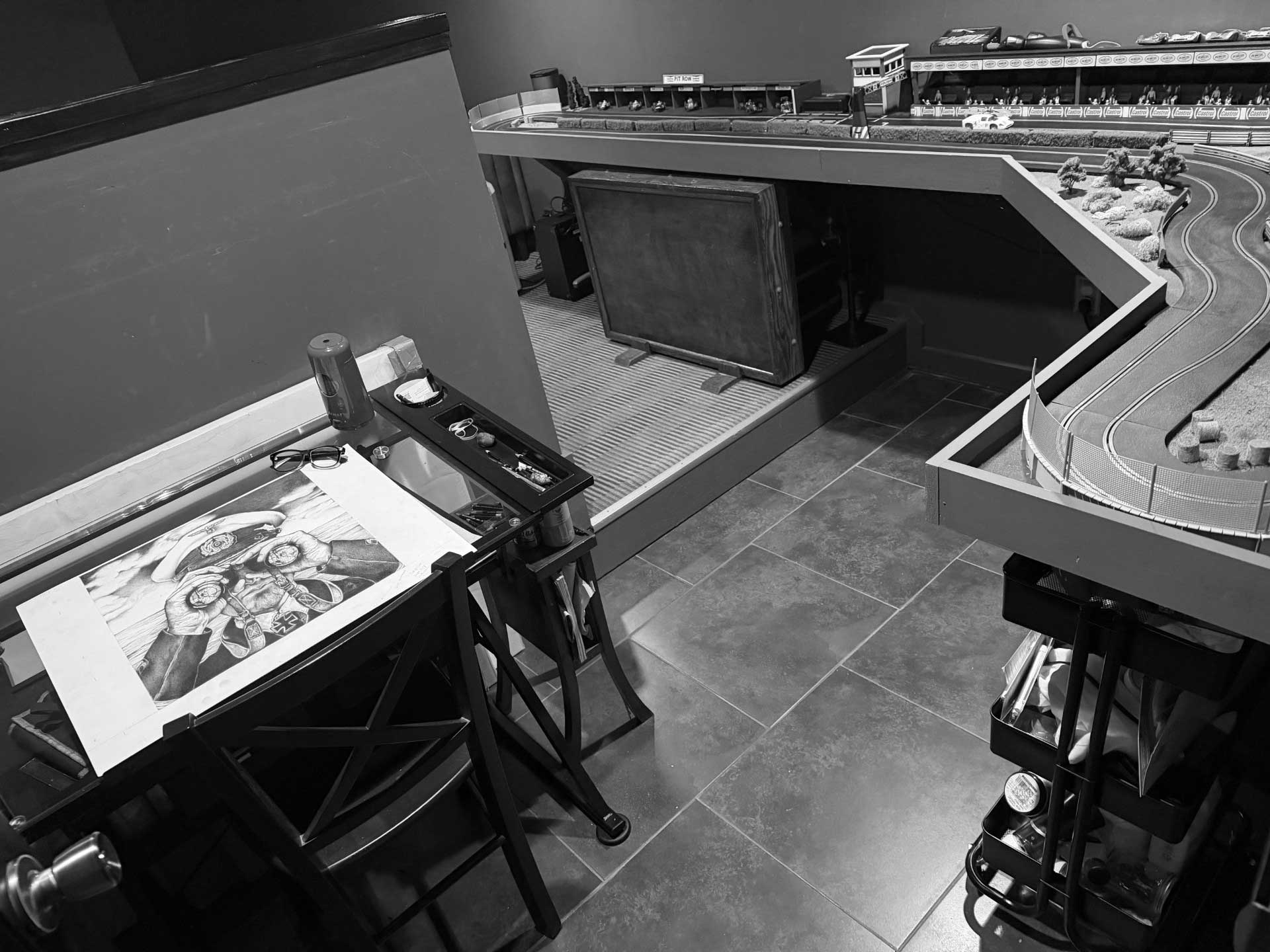 Slot car track in David Schure's personal space